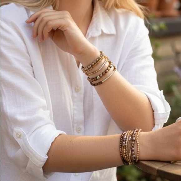 Jewelry - Elegant Beaded Bracelet Set - Brown and Gold